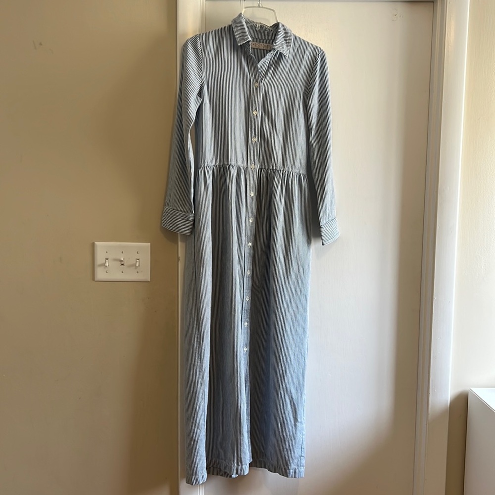 Christy Dawn Light Blue Pinstripe Cotton Maxi Shirt Dress